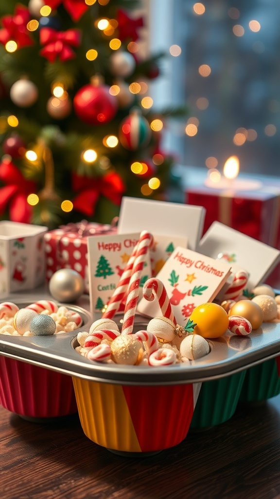 A muffin tin filled with Christmas items for games, set against a festive holiday backdrop.